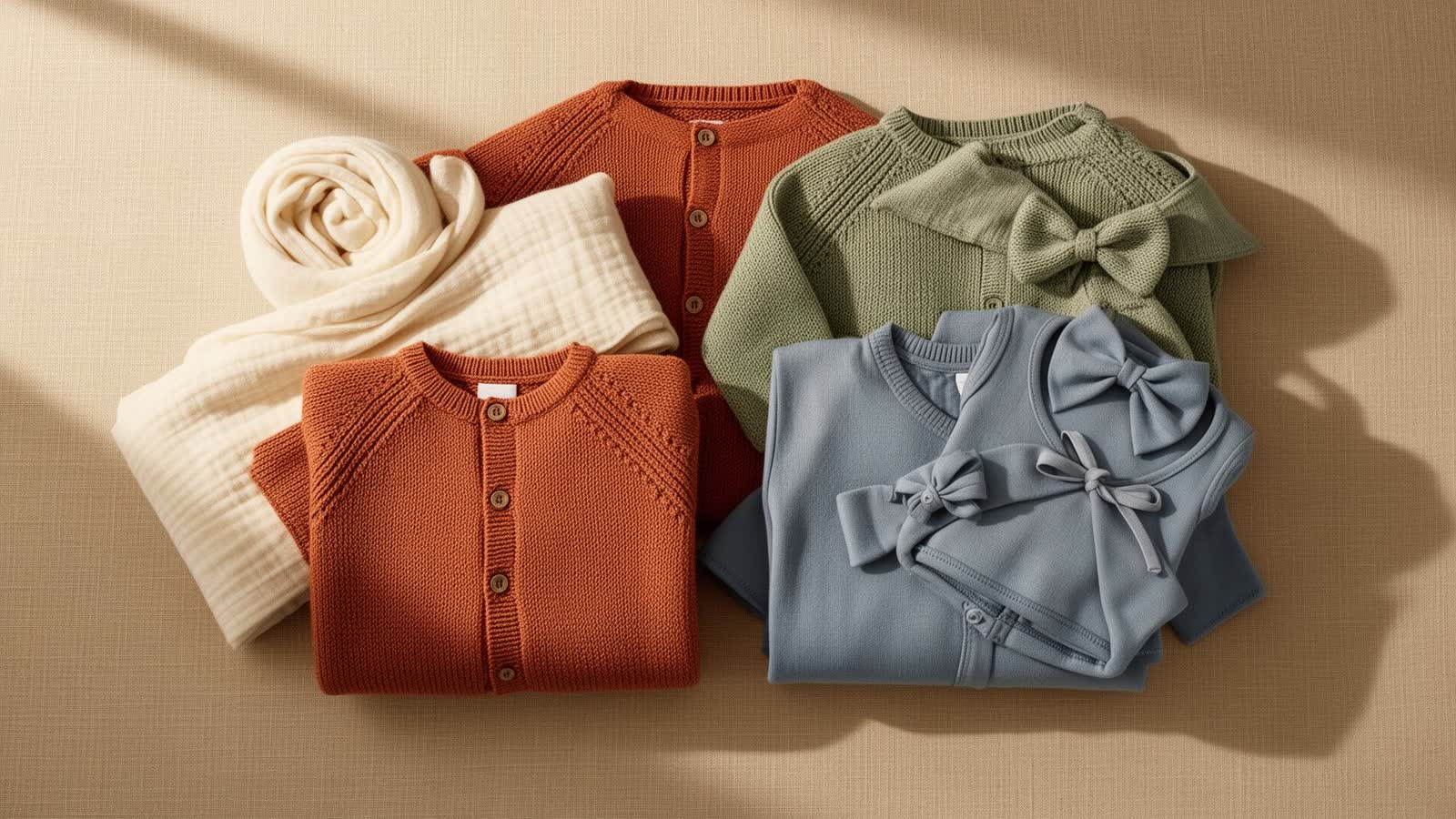 Folded organic Turkish cotton baby clothing in cream, terracotta, sage and dusty blue