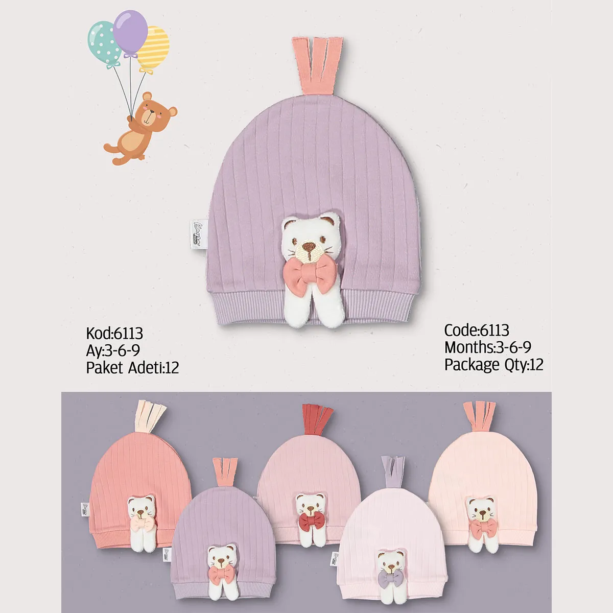 Baby Hat — Bear motif — Set pieces: 12 — 3-6-9 months — 6113KB