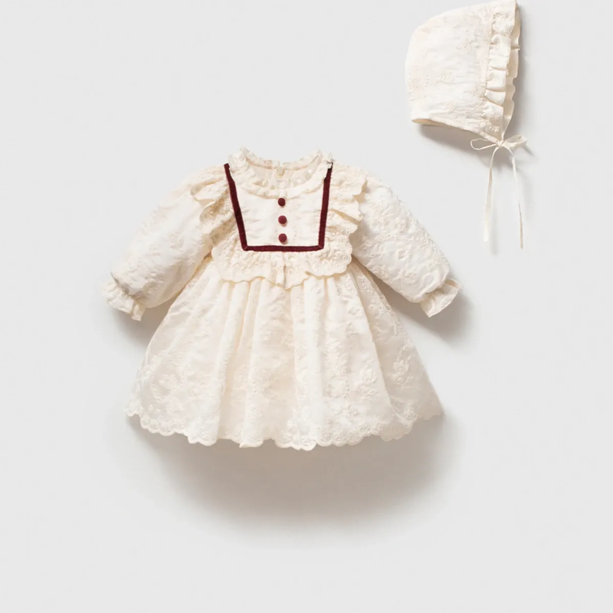 NOYNOY baby girl dress 9–24 months – Ruffled yoke with hat