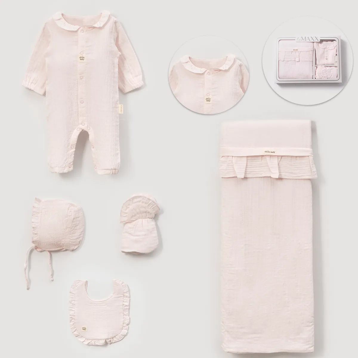 Newborn Going-Home Set — Muslin, Ruffle detail, Boxed packaging — Set pieces: 5 — 0-3 months — 583056LV