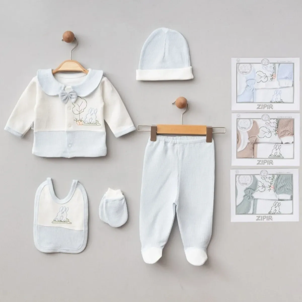 Newborn Going-Home Set — Waffle texture, Rabbit motif — Set pieces: 5 — 0-3 months — 613ZP