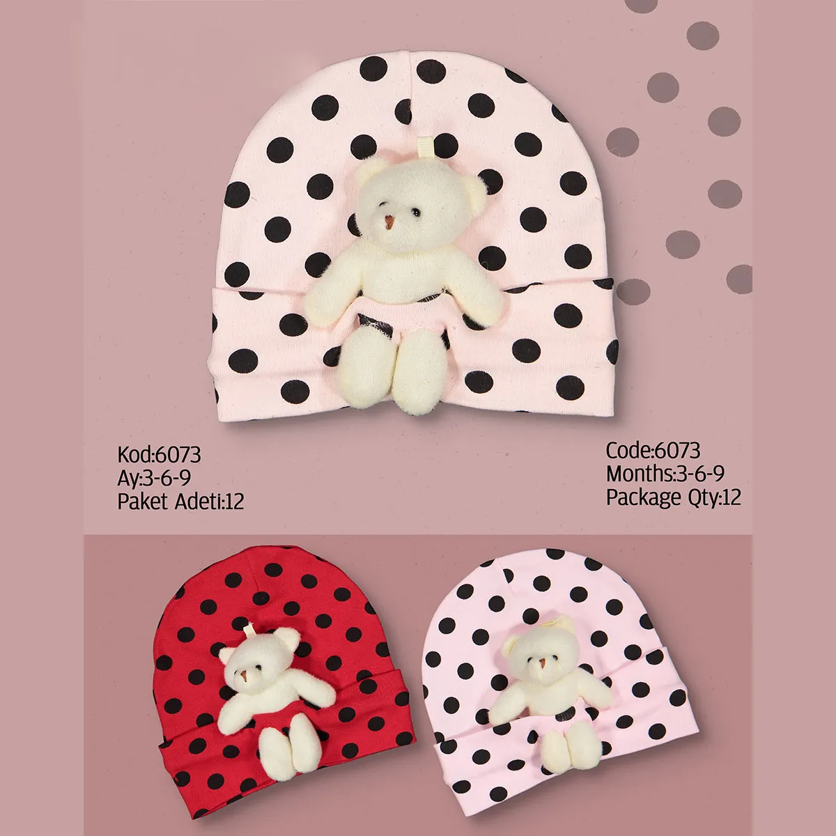 Baby Hat — Bear motif, Polka dots, Jersey — Set pieces: 12 — 3-6-9 months — 6073KB