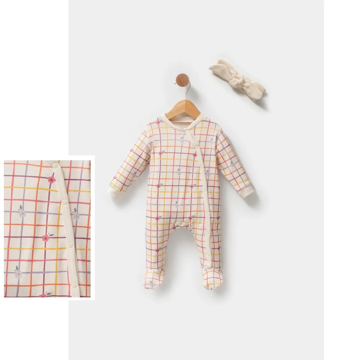 Baby Jumpsuit — Floral motif, Check pattern — 3-3-6 months — 1053EB