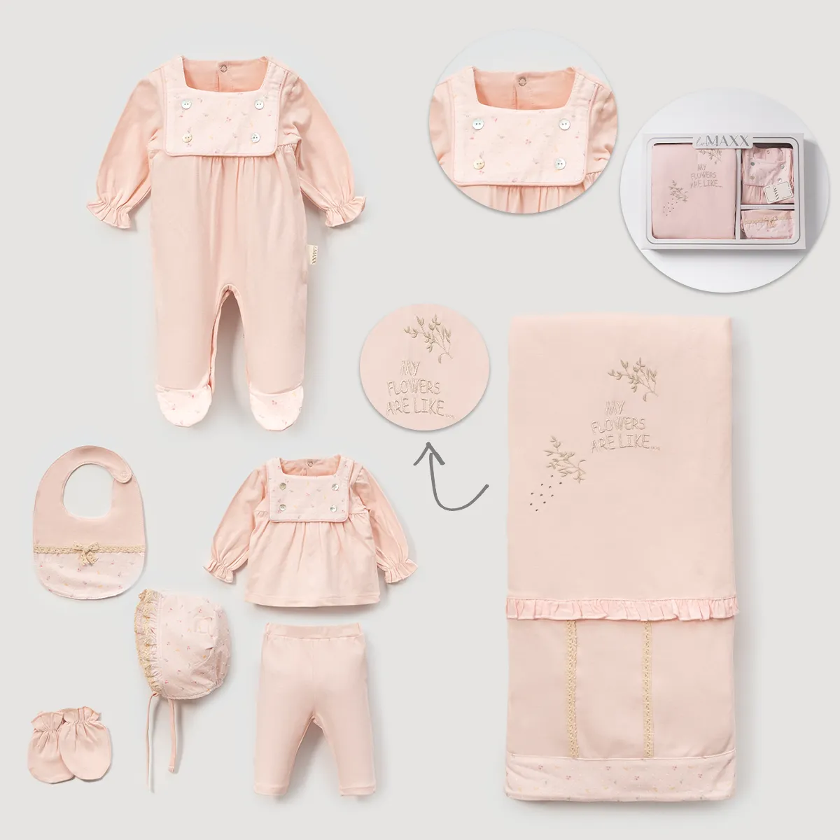 Newborn Going-Home Set — Floral motif, Boxed packaging — Set pieces: 7 — 0-3 months — 583074LV