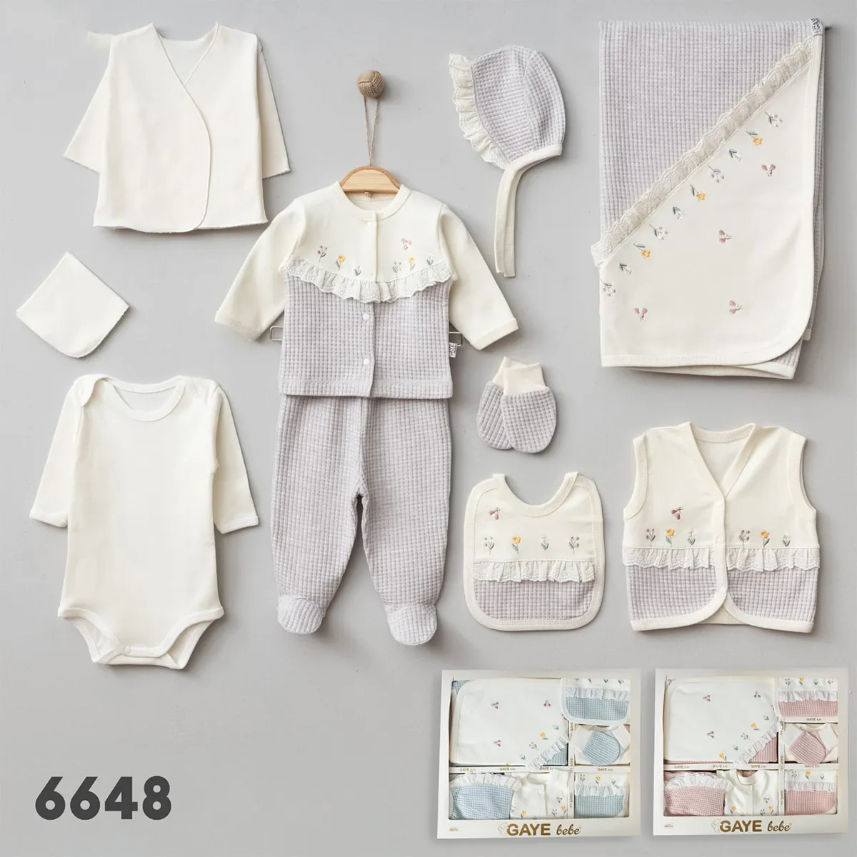 Newborn Going-Home Set — Embroidery, Floral motif, Waffle texture — Set pieces: 10 — 0-3 months — 6648GB