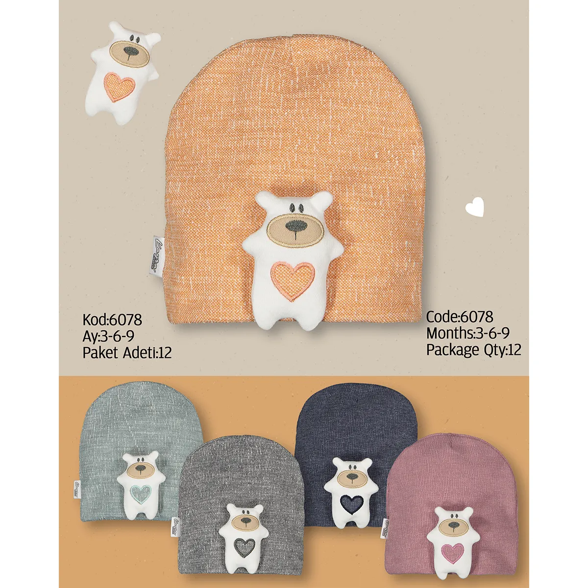 Baby Hat — Heart motif, Bear motif, Jersey — Set pieces: 12 — 3-6-9 months — 6078KB