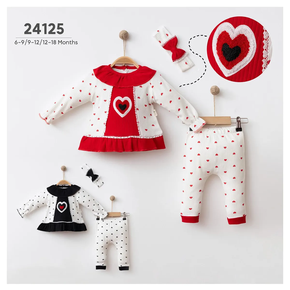 Girls' Outfit Set — Embroidery, Heart motif — Set pieces: 3 — 9-12-18 months — 24125CY