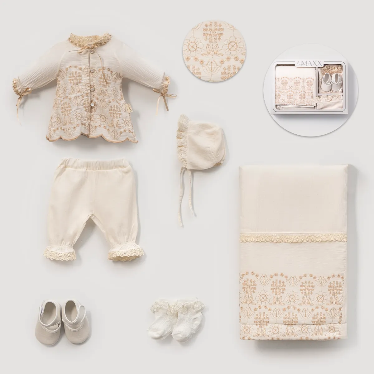 Newborn Going-Home Set — Embroidery, Lace detail, Boxed packaging — Set pieces: 6 — 0-3 months — 583095LV
