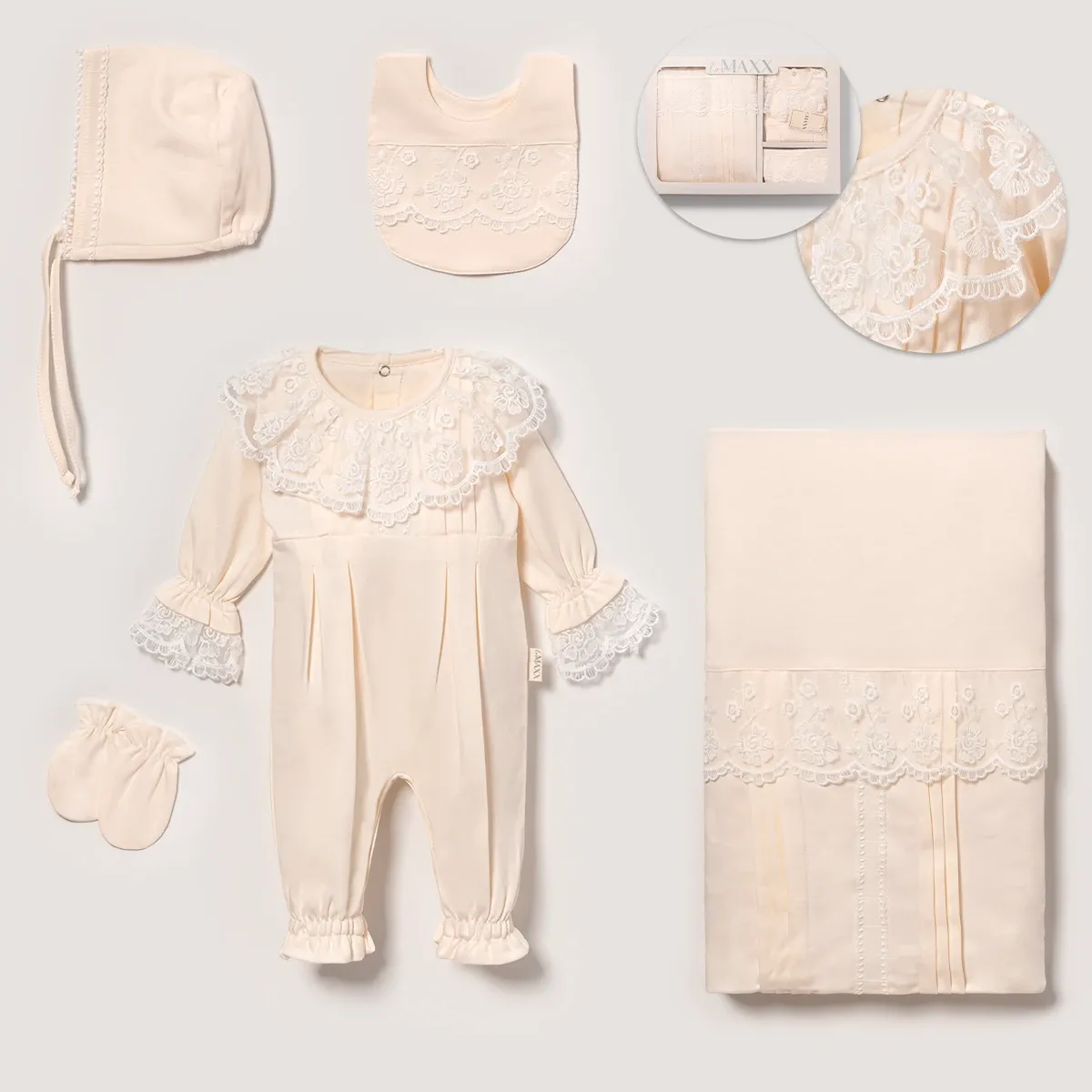 Newborn Going-Home Set — Broderie detail, Boxed packaging — Set pieces: 5 — 0-3 months — 583171LV