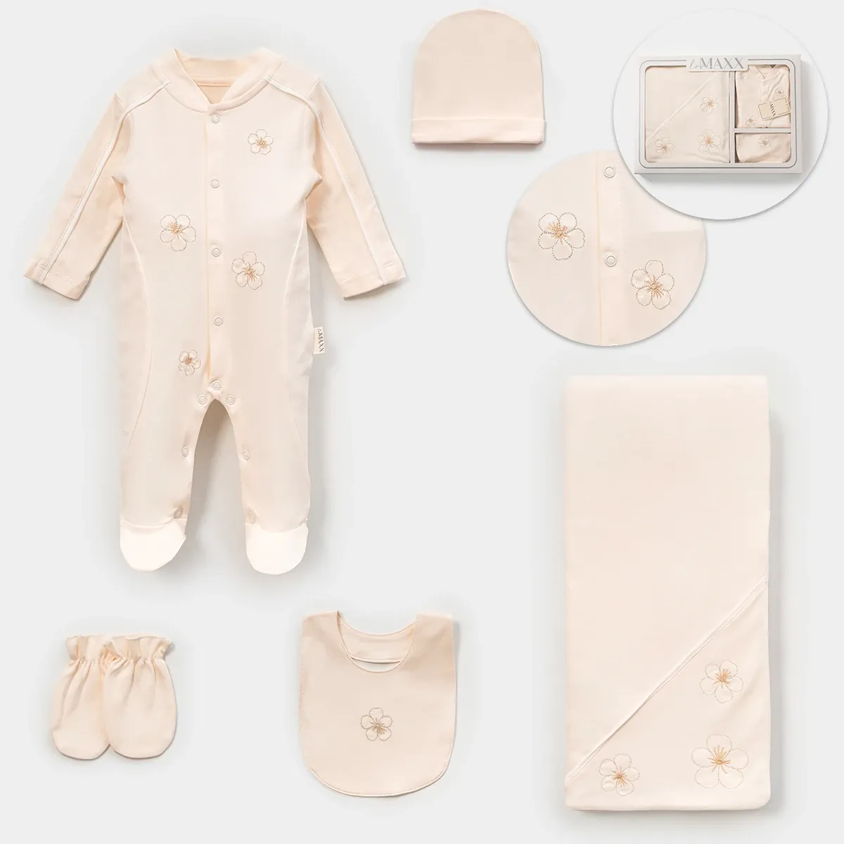 Newborn Going-Home Set — Embroidery, Floral motif, Boxed packaging — Set pieces: 5 — 0-3 months — 583154LV