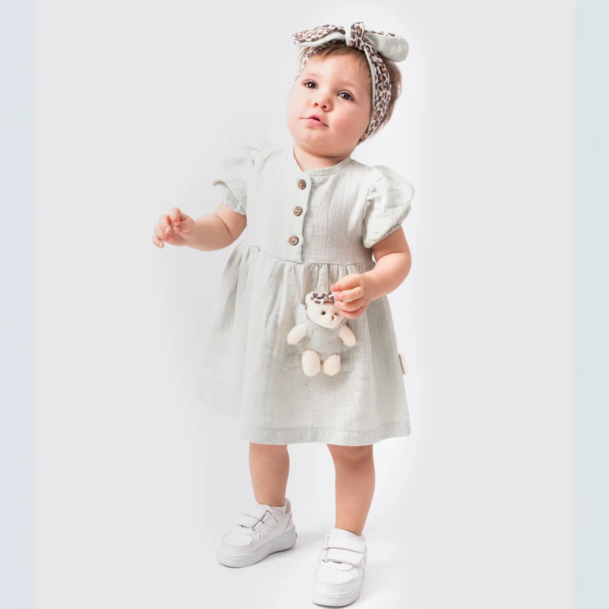 POPSHOPS baby girl dress 6–18 months – Leopard with headband
