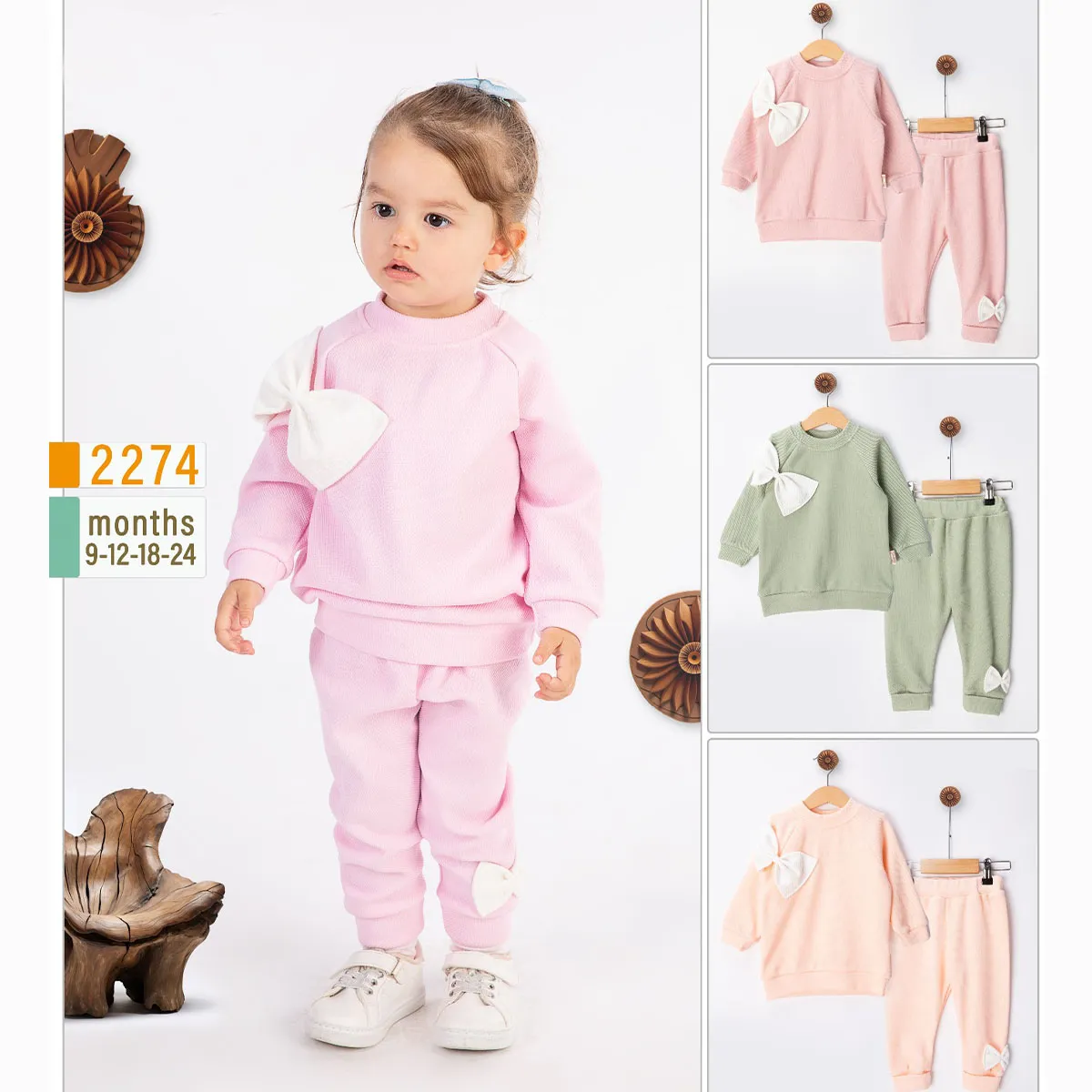 Girls' Outfit Set — Bow detail, Jacquard, White — 9-12-18-24 months — 2274BB