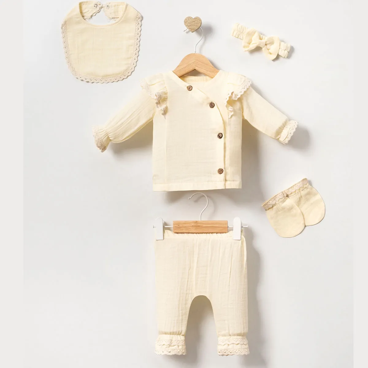 Newborn Going-Home Set — Muslin, Lace detail — Set pieces: 5 — 0-3 months — 2070MC
