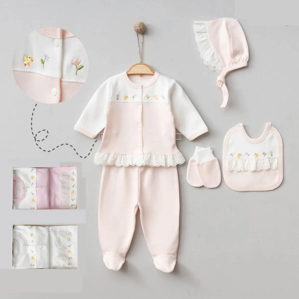 Newborn Going-Home Set — Broderie detail — Set pieces: 5 — 0-3 months — 0279TT