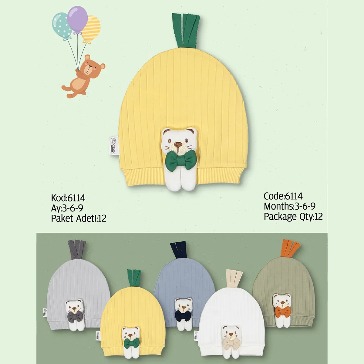 Baby Hat — Bear motif — Set pieces: 12 — 3-6-9 months — 6114KB