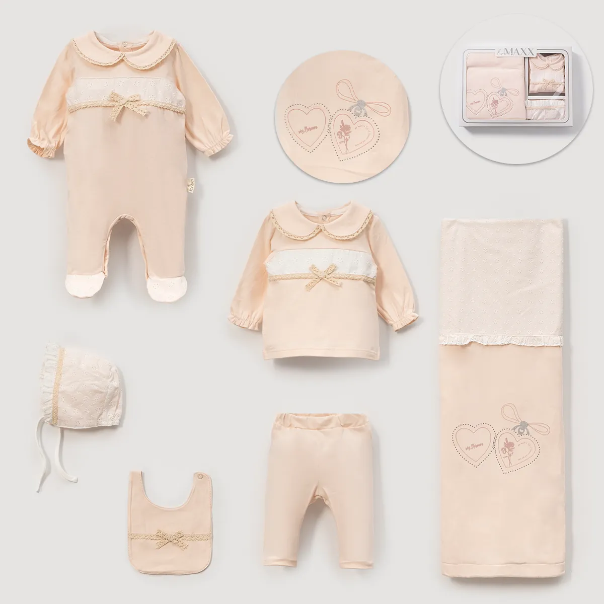 Newborn Going-Home Set — Floral motif, Heart motif, Boxed packaging — Set pieces: 6 — 0-3 months — 583066LV