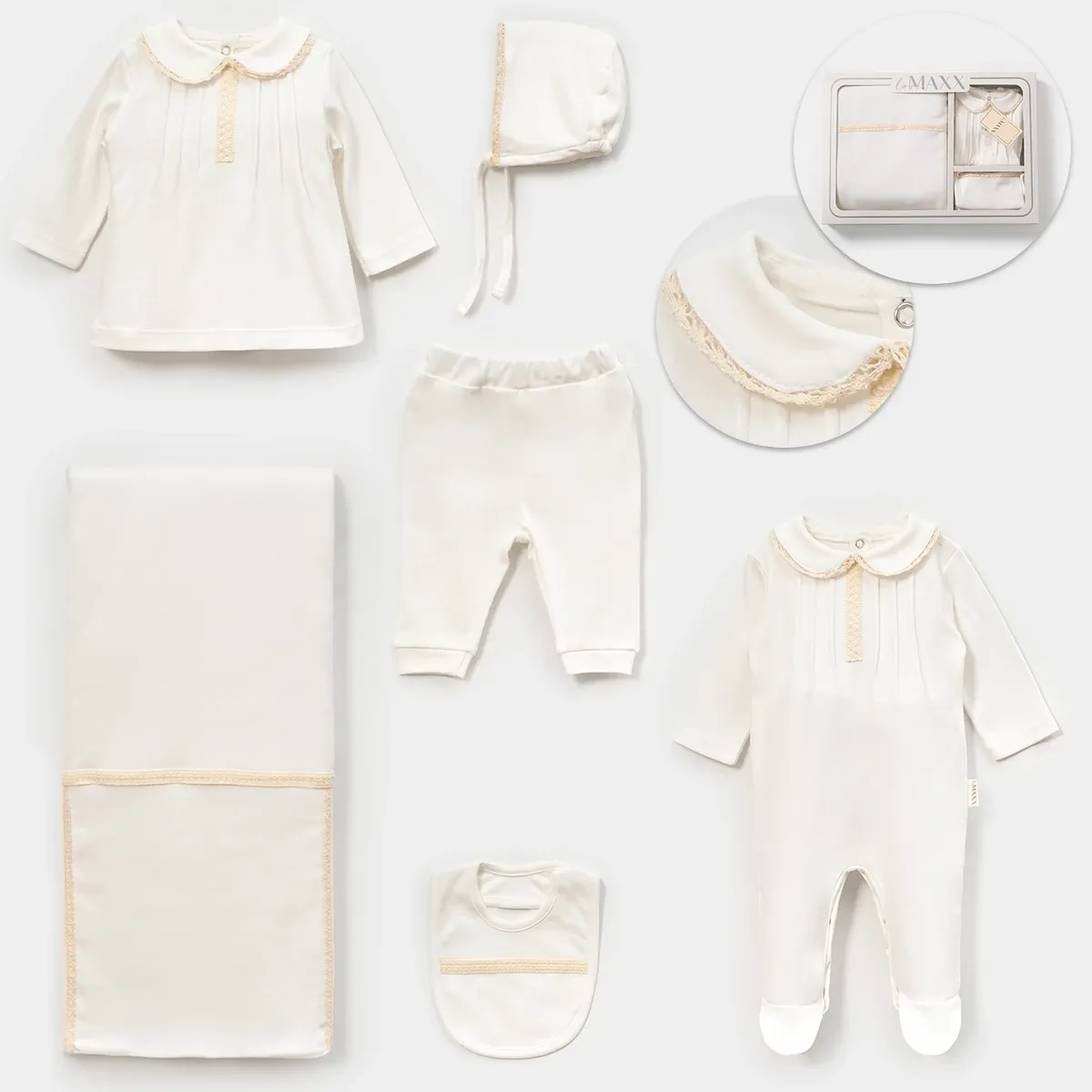 Newborn Going-Home Set — Lace detail, Boxed packaging — Set pieces: 5 — 0-3 months — 583110LV
