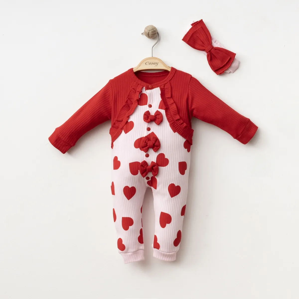 Baby Jumpsuit — Heart motif, Bow detail — 6-9-12 months — 0068CY